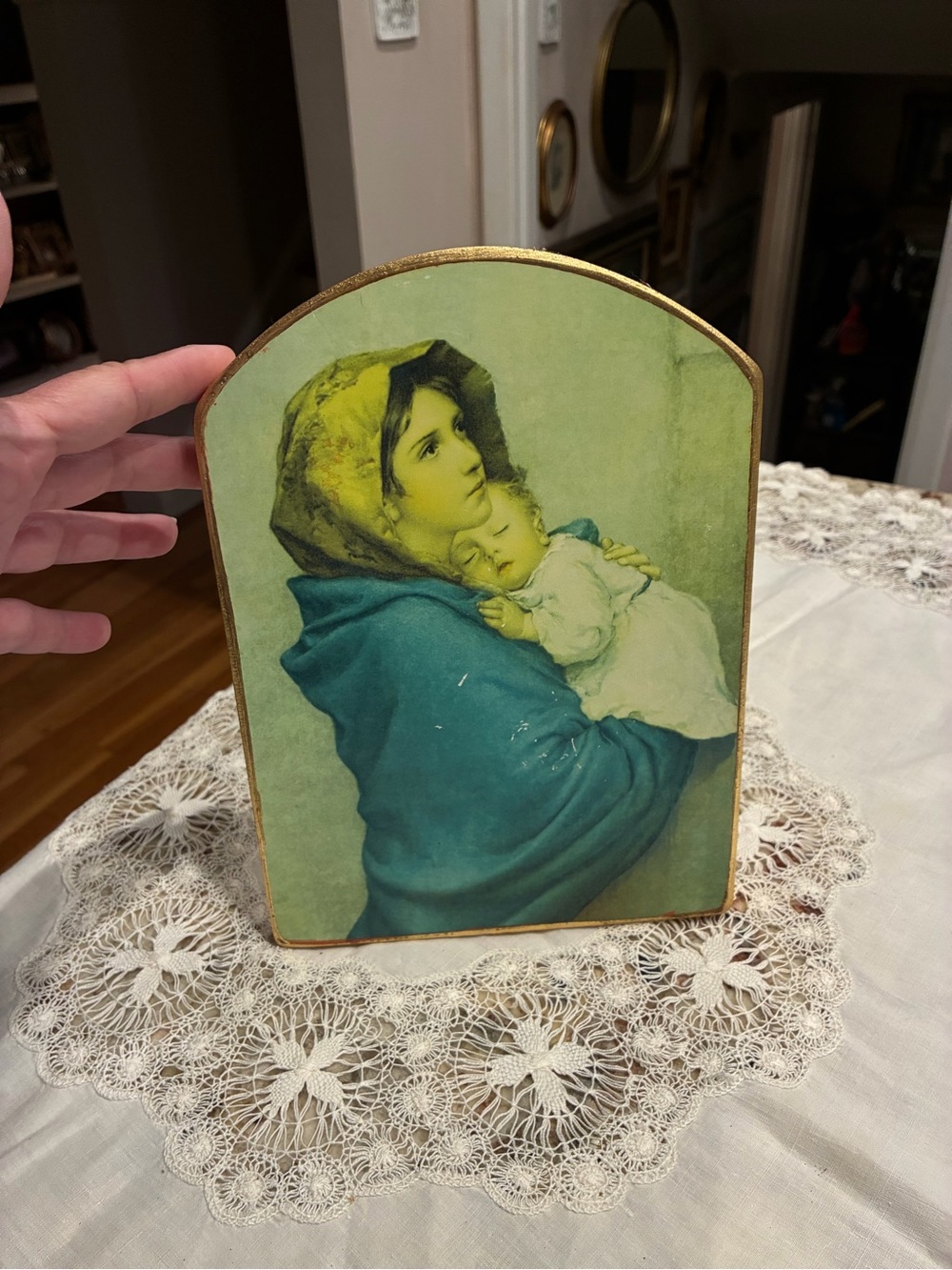 Vintage Wood Decorative Madonna & Child Wall Plaque in Teal and Cream